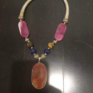 Vintage Polished Mineral Stones  and Silver Necklace